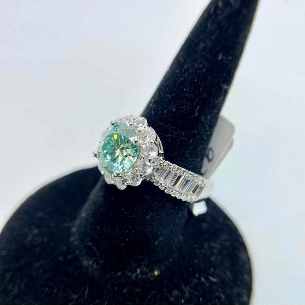 Moissanite Halo Ring Aqua Blue Center & Baguette Accents 18K White Gold Finish - Picture 6 of 16
